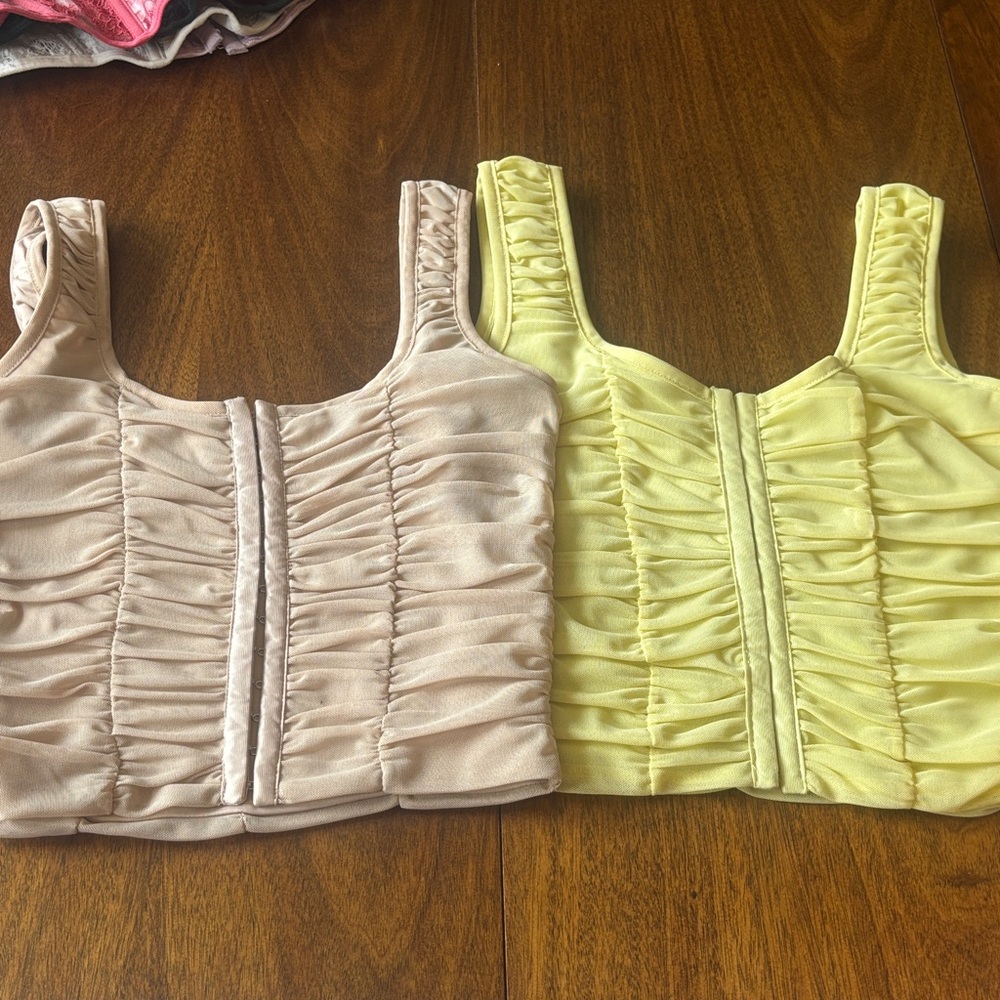 Shinestar Ruched Crop Tops in Cream and Yellow